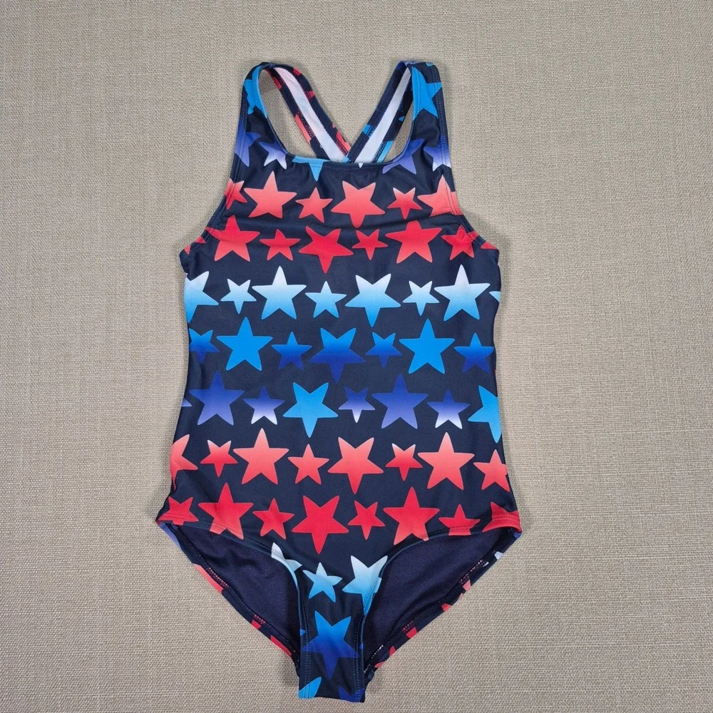 Lands End Girls Star Print One Piece Swimsuit Red Blue White Size M 8 UPF 50+